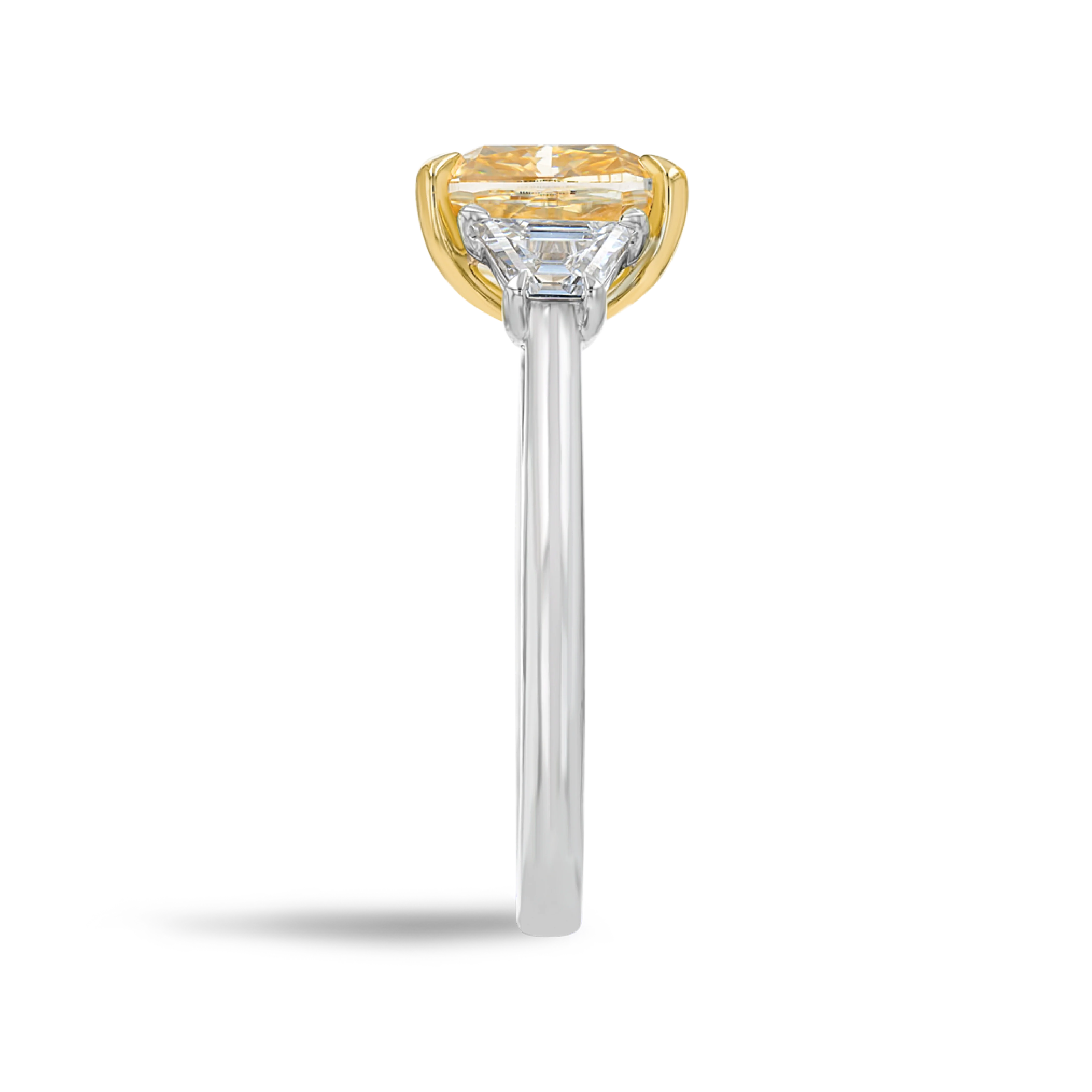 3 Carat Lab-Grown Fancy Yellow Cushion Trilogy With Side Trapezoids White Gold Ring - Image 3