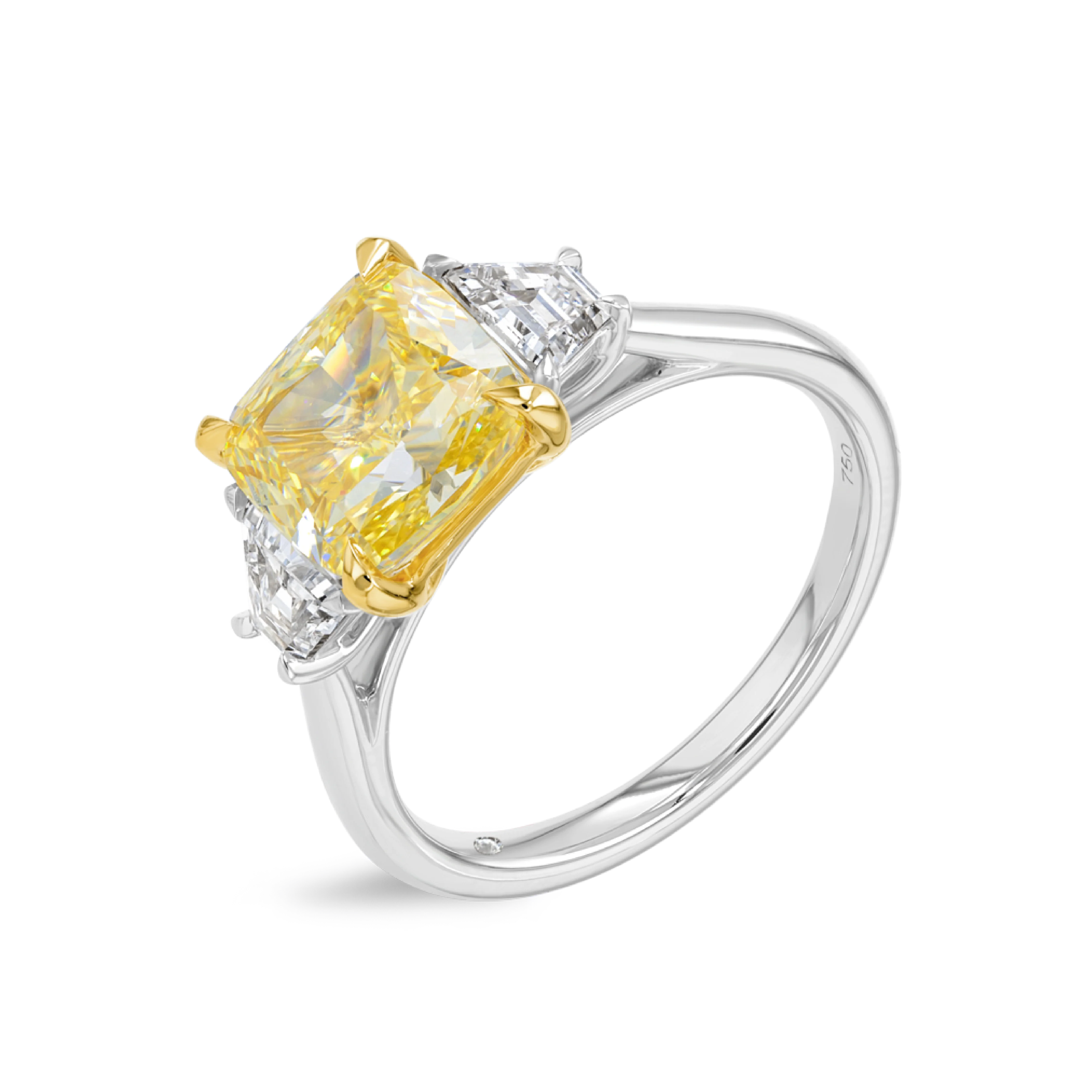3 Carat Lab-Grown Fancy Yellow Cushion Trilogy With Side Trapezoids White Gold Ring - Image 4