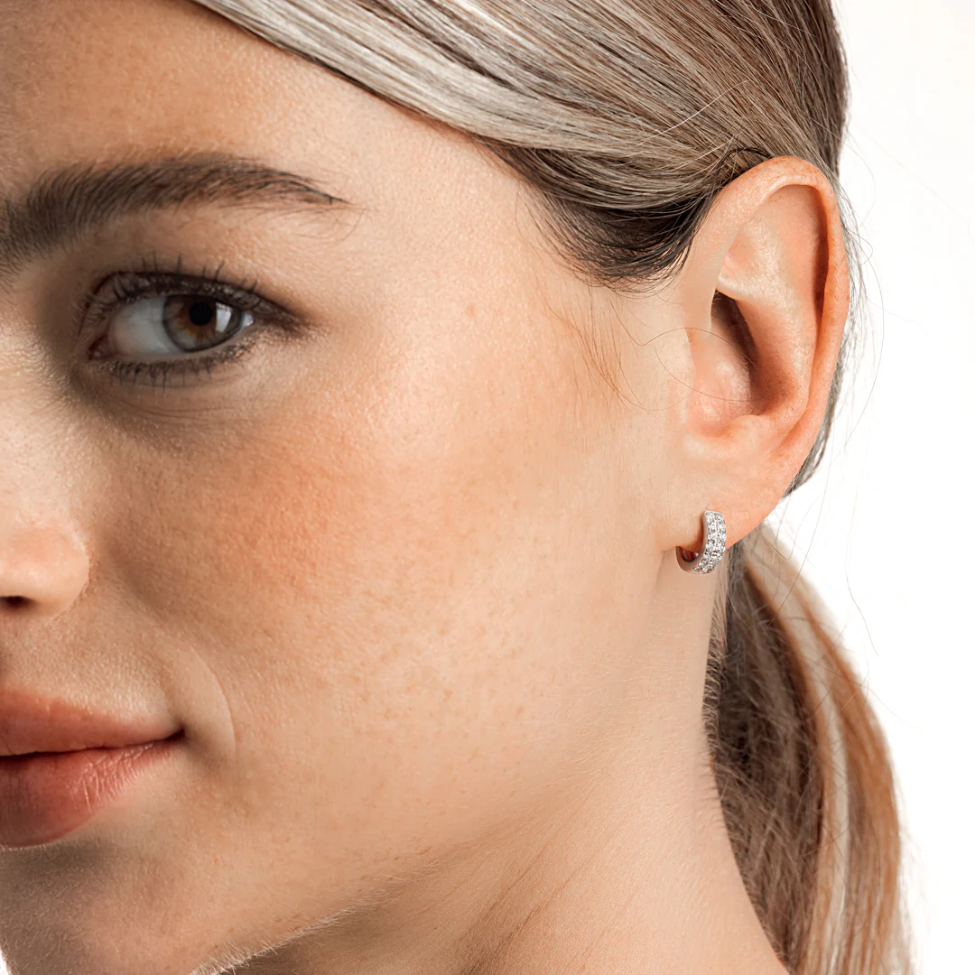 Double Diamond Huggie Hoop Earrings White Gold - Image 3