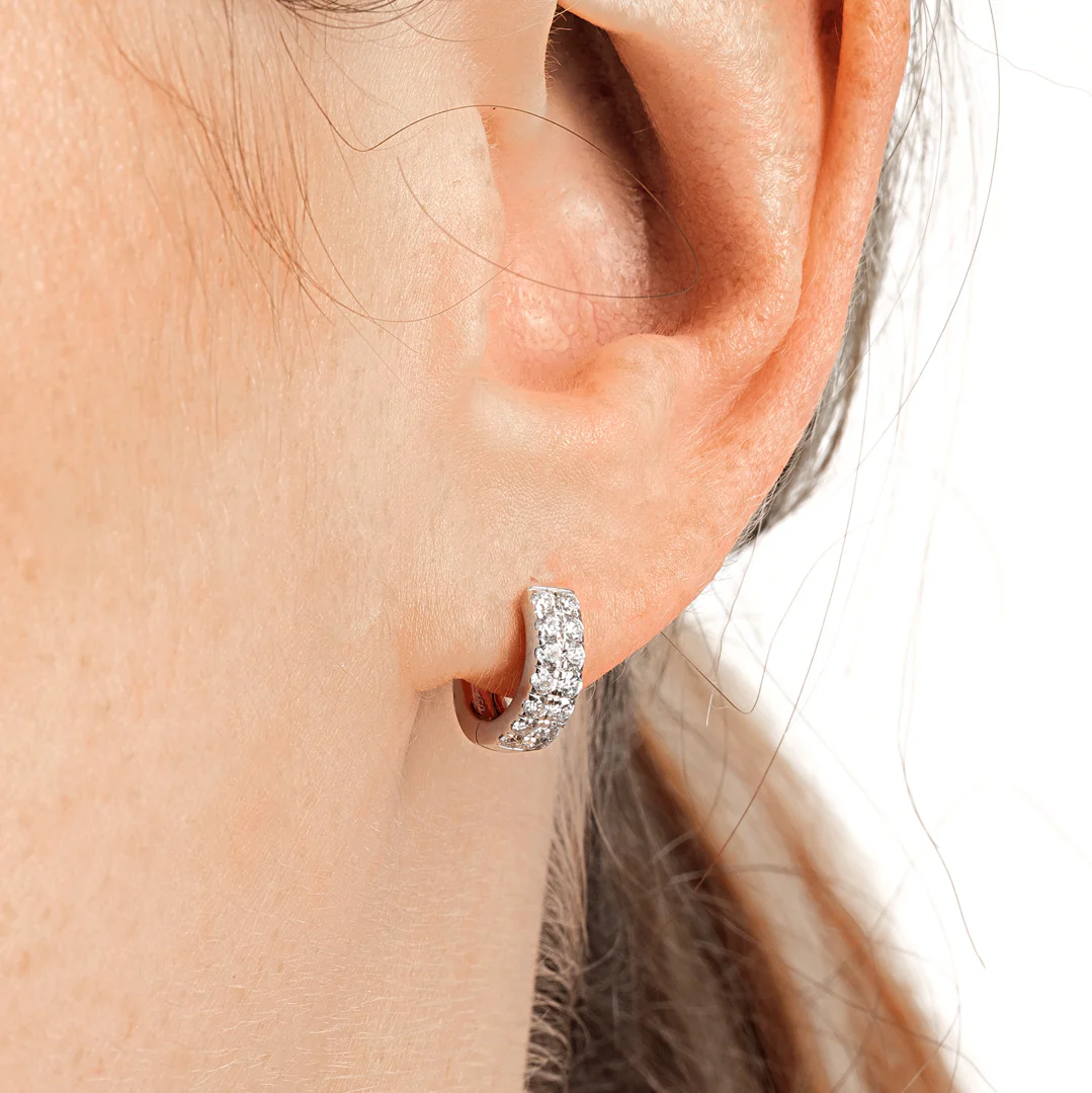 Double Diamond Huggie Hoop Earrings White Gold - Image 4