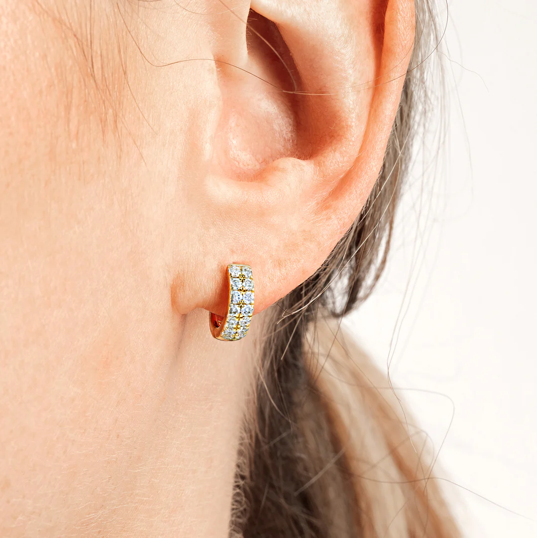 Double Diamond Huggie Hoop Earrings Yellow Gold - Image 4